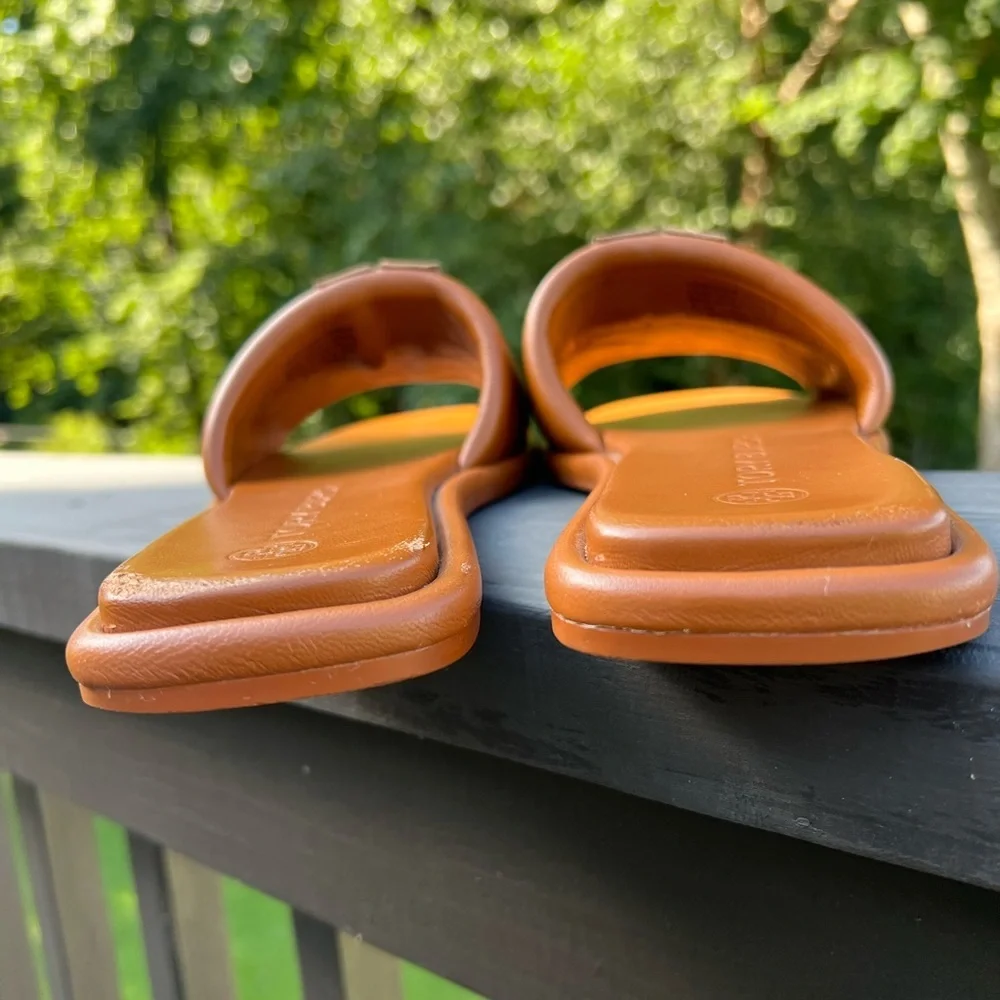 Tory Burch Tan Slide Sandals with Embossed Detailing. #30